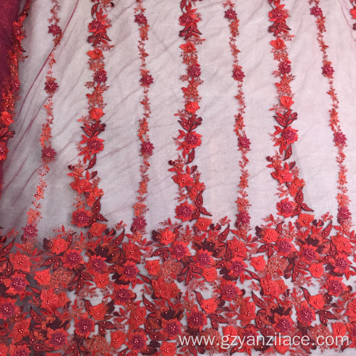 Red Handwork Beaded Embroidery Fabric